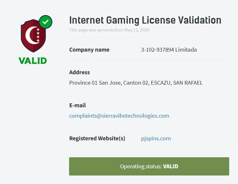 PJSpins Casino Licenza